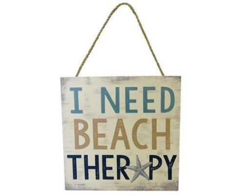 Rustic 'I Need Beach Therapy' wooden sign with rope hanger, perfect for coastal decor at your beach house or bach.