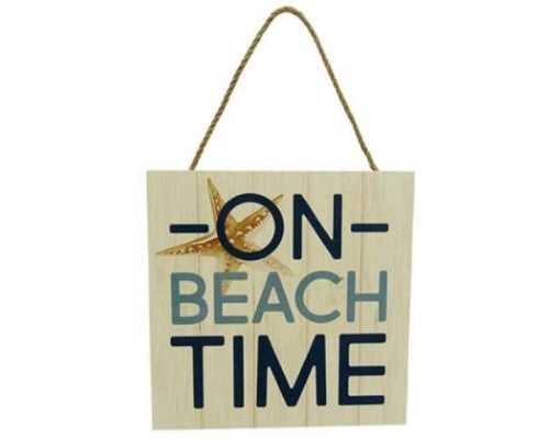 'On Beach Time' wooden sign with rope hanger, rustic decor for beach house, measures 15 x 15 cm, perfect for coastal vibes.