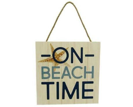 'On Beach Time' wooden sign with rope hanger, rustic decor for beach house, measures 15 x 15 cm, perfect for coastal vibes.