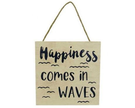 Rustic wooden sign with 'Happiness comes in waves' phrase and rope hanger, perfect for beach-themed decor.
