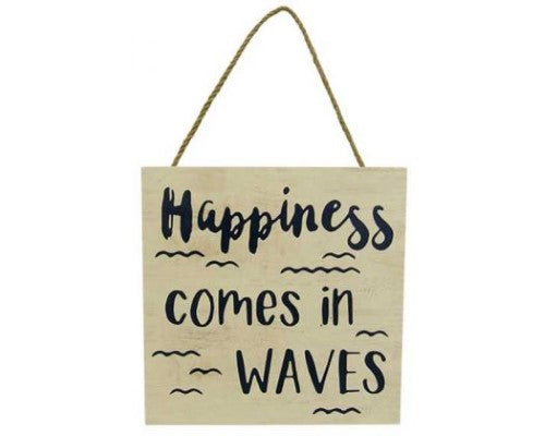 Rustic wooden sign with 'Happiness comes in waves' phrase and rope hanger, perfect for beach-themed decor.