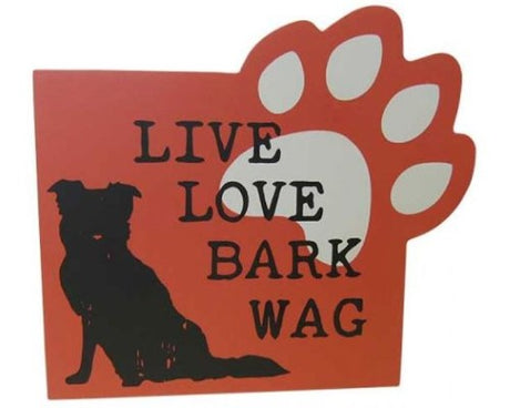 Charming MDF shelf sign with paw-shaped cutout, featuring 'Bark Wag' for pet lovers, measuring 16 x 14.5 x 2 cm.