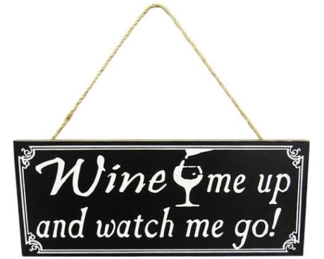 Black and white wine-themed wall art sign with rustic twine hanger, measuring 24 x 10 cm.