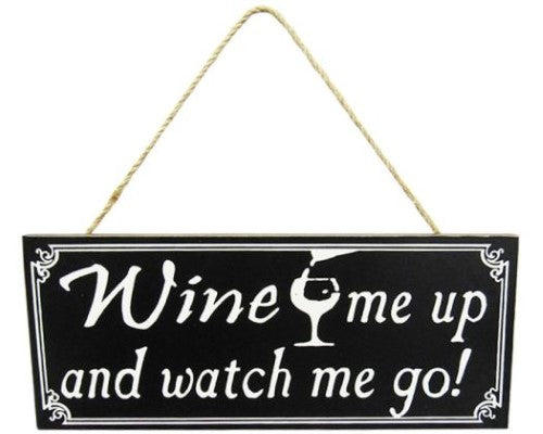 Black and white wine-themed wall art sign with rustic twine hanger, measuring 24 x 10 cm.
