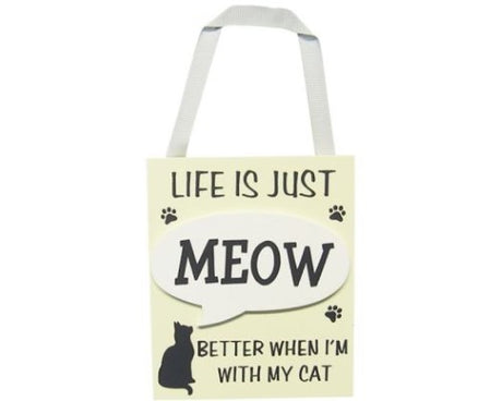 Charming 'Meow' MDF wall art with ribbon hanger, perfect for cat lovers, enhancing home decor with whimsical style.