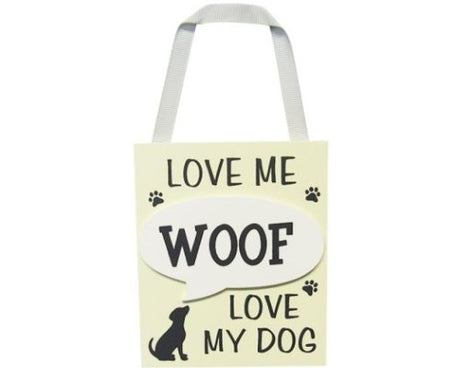 Charming MDF wall art sign featuring 'Woof' motif, perfect for dog lovers, measuring 10 x 12 cm with ribbon hanger.