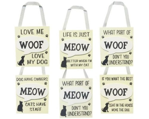 Set of six playful MDF signs with 'Woof' and 'Meow' motifs, perfect for pet lovers' home decor.