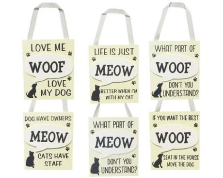 Set of six playful MDF signs with 'Woof' and 'Meow' motifs, perfect for pet lovers' home decor.