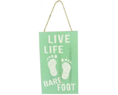 Beach-themed wall art with twine hanger, featuring 'Live Life Barefoot' in a serene coastal design, 12 x 20 cm.