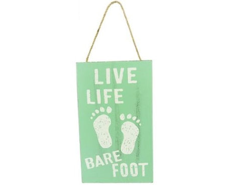 Beach-themed wall art with twine hanger, featuring 'Live Life Barefoot' in a serene coastal design, 12 x 20 cm.