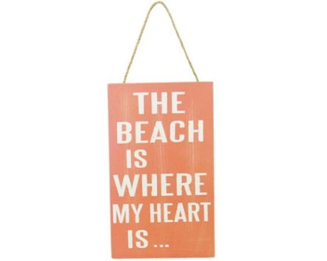 Heart-shaped wall art with the phrase 'The Beach is Where My Heart Is', perfect for coastal home decor.