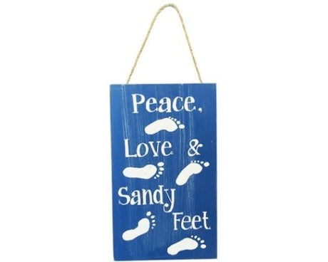 MDF wall art sign 'Peace, Love & Sandy Feet' with twine hanger, perfect for beach-themed décor.