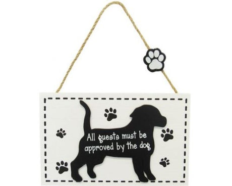 Whimsical dog-approved wall art sign with paw prints and twine hanger, ideal for pet lovers' home decor.