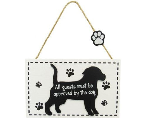 Whimsical dog-approved wall art sign with paw prints and twine hanger, ideal for pet lovers' home decor.