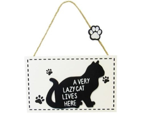 Adorable Lazy Cat MDF wall art sign with paw print, perfect for cat lovers' home decor.