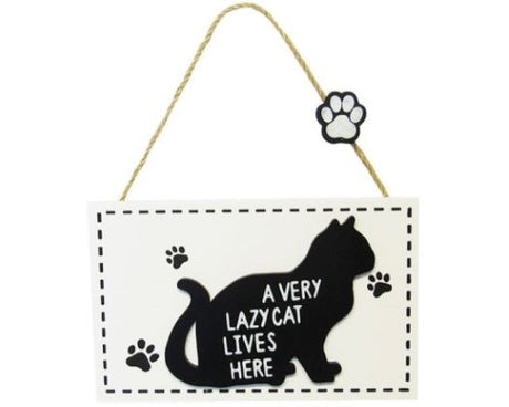 Adorable Lazy Cat MDF wall art sign with paw print, perfect for cat lovers' home decor.