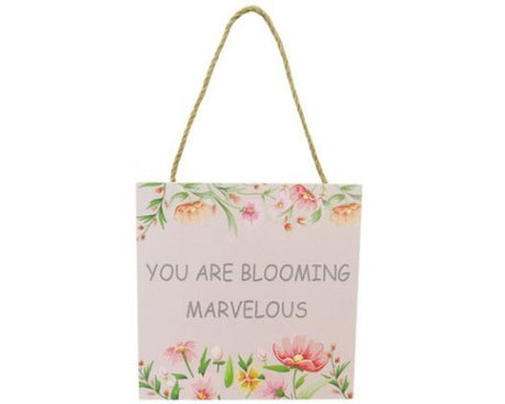 Charming 12x12 cm MDF wall art sign with twine hanger, featuring a vibrant blooming design for garden decor.