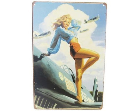 Vintage Aviation Girl tin sign, 30cm x 20cm, colorful design perfect for home or office decor.