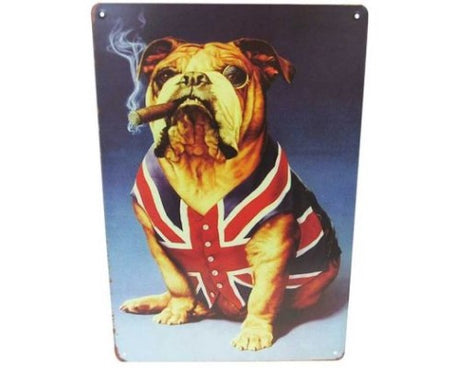 Retro British Bulldog tin wall art, 30cm x 20cm, perfect for dog lovers and quirky home decor.