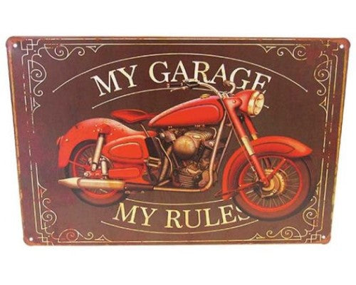 Retro tin sign featuring bold 'Biker Garage Rules' text, perfect for adding character to any man cave or garage space.