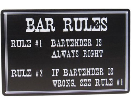 Retro tin bar rules sign, 30cm x 20cm, quirky design for easy wall display.