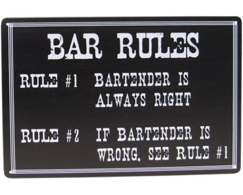 Retro tin bar rules sign, 30cm x 20cm, quirky design for easy wall display.