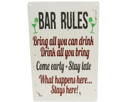 Retro tin art sign featuring quirky bar laws, perfect for man caves and home decor, measuring 30cm x 20cm.