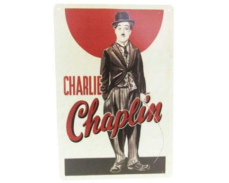 Vintage tin wall art featuring Charlie Chaplin, perfect for adding retro charm to any space.