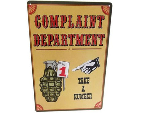 Retro tin wall art featuring 'Complaint Department' for quirky home or office decor, measuring 30cm x 20cm.
