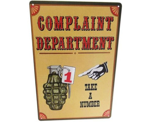 Retro tin wall art featuring 'Complaint Department' for quirky home or office decor, measuring 30cm x 20cm.