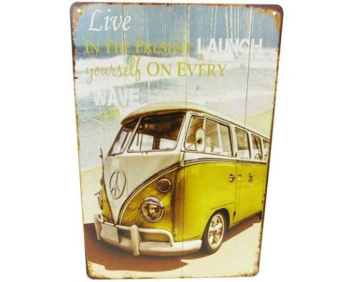 Retro yellow sign tin art, 30cm x 20cm, quirky design perfect for easy display.