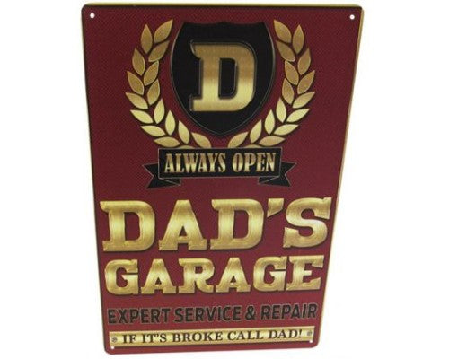 Retro tin wall art featuring 'Dad's Garage Award', perfect for man caves, measures 30cm x 20cm.
