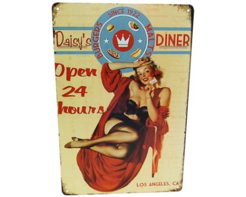 Retro tin wall art sign featuring Daisy's Diner, measuring 30cm x 20cm, perfect for quirky decor.