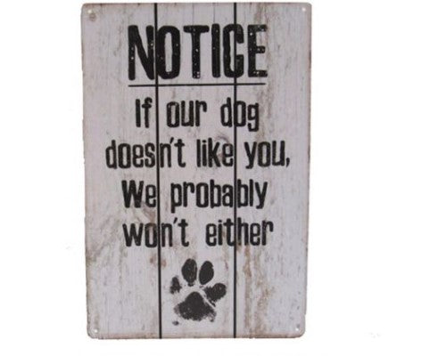 Retro tin wall art featuring a quirky dog design, measures 30cm x 20cm, perfect for easy display.