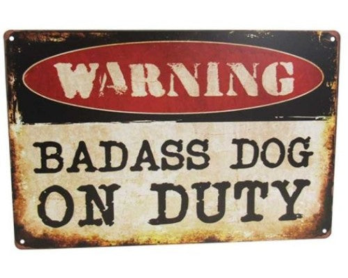 Retro tin sign featuring a playful dog on duty, perfect for home or office decor, 30cm x 20cm.