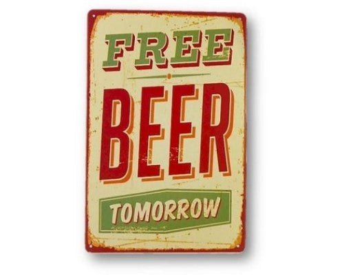 Retro Art Tin Free Beer Sign, 30cm x 20cm, perfect for bars or man caves with vibrant colors and vintage charm.