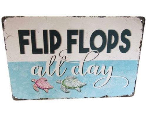Retro tin wall art featuring colorful flip flops, perfect for adding a playful beach vibe to your home decor.