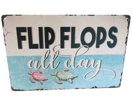 Retro tin wall art featuring colorful flip flops, perfect for adding a playful beach vibe to your home decor.