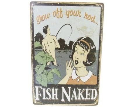 Retro tin sign featuring a whimsical fish design, perfect for fishing enthusiasts and unique home decor.