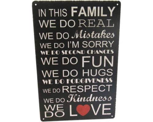 Retro tin wall art featuring family rules, measuring 30cm x 20cm, quirky and easy to display.