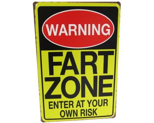 Whimsical retro tin wall art sign featuring 'Fart Zone' for playful decor in homes, offices, or game rooms.