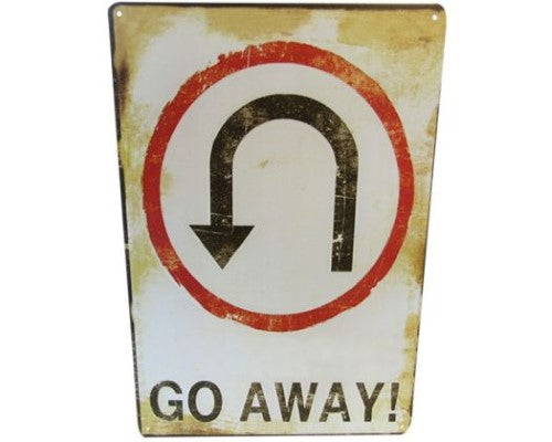 Retro-inspired Art Tin Go Away sign, 30cm x 20cm, vibrant colors for whimsical home decor or office display.