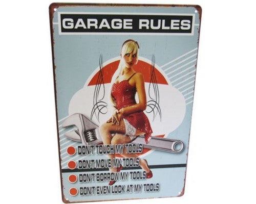 Vintage-inspired tin sign featuring a garage girl, perfect for adding retro charm to any space.