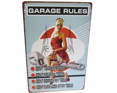 Vintage-inspired tin sign featuring a garage girl, perfect for adding retro charm to any space.