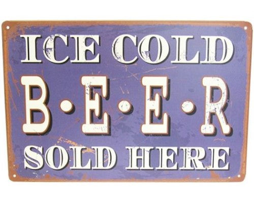 Retro tin sign 'Cold Beer Here', perfect for home bars and man caves, measuring 30cm x 20cm.