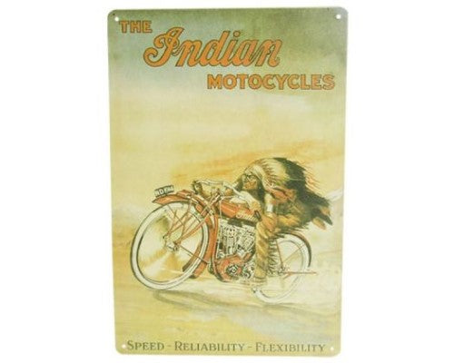 Retro tin sign featuring an Indian motorbike, perfect for man caves, measuring 30cm x 20cm.