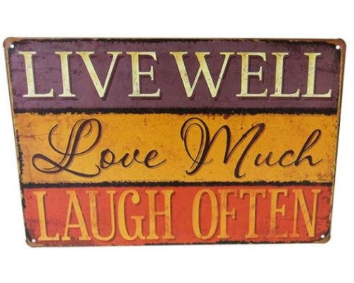 Retro tin wall art featuring the phrase 'Live Love Laugh' to inspire joy in any living space.