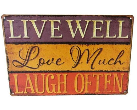 Retro tin wall art featuring the phrase 'Live Love Laugh' to inspire joy in any living space.
