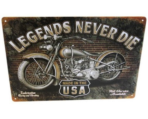 Retro tin wall art sign with 'Legends Never Die' message, perfect for man caves or quirky home decor.