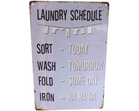 Retro tin wall art featuring a charming laundry roster, perfect for adding personality to any laundry room.